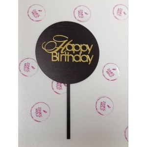 Топер круглий чорне двп акрил Happy birthday