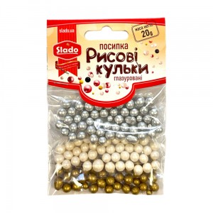 Посипка в стіках №71 рисові кульки глазуровані мікс “Срібно-білий-золотий” 20г