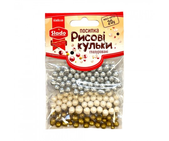 Посипка в стіках №71 рисові кульки глазуровані мікс “Срібно-білий-золотий” 20г